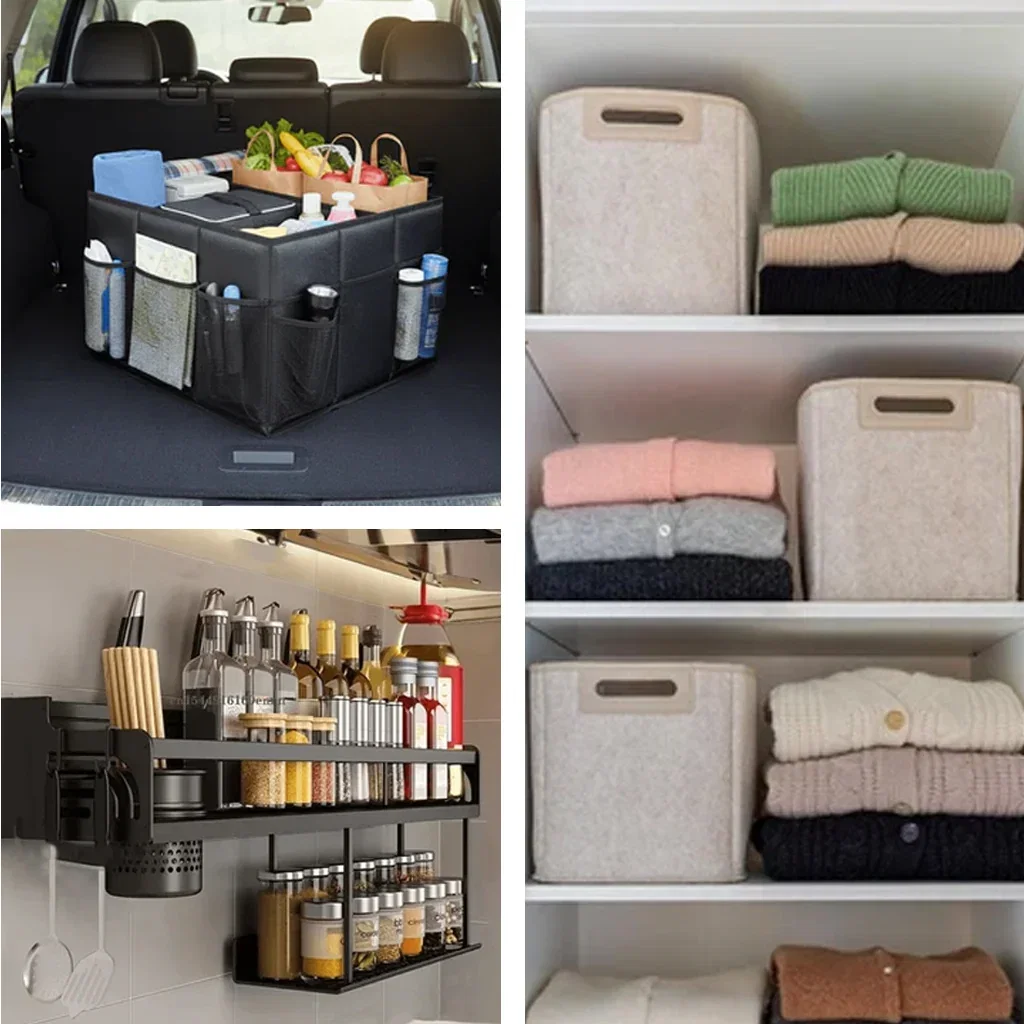 Smart Storage Solutions: car organizer, kitchen wall rack, and fabric storage bins for organized home and vehicle spaces.