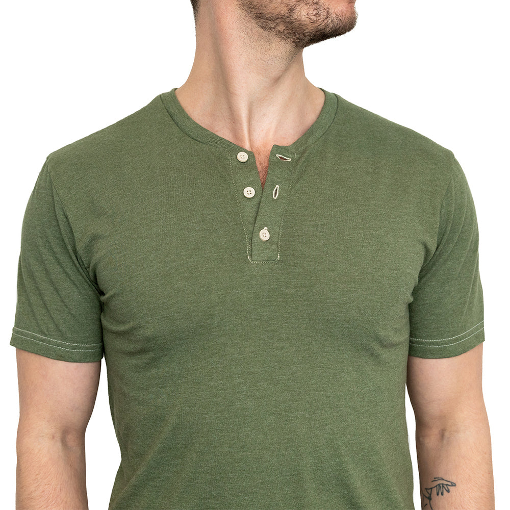 Image of THE "SLUGGER" Short Sleeve Henley Tee in Army Green Heather (SIZE S & XL)