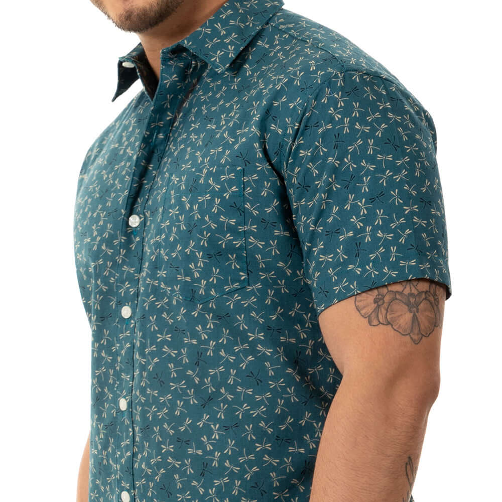 Image of TEDDY Short Sleeve Shirt in Teal Green Japanese Dragonfly Print (SIZE M)