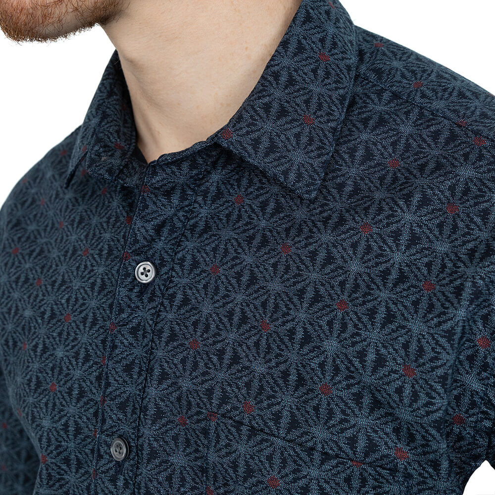 Image of ANDREWS Long Sleeve Shirt in Navy Blue Traditional Japanese Snowflake Print (SIZE M, XL, XXL)