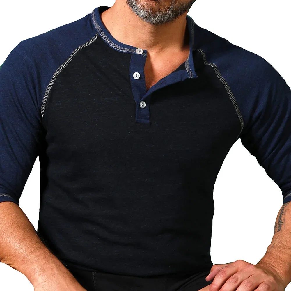 Image of Royal Blue &  Navy Contrast 3/4 Raglan Sleeve Henley - Made In USA (Size XL)