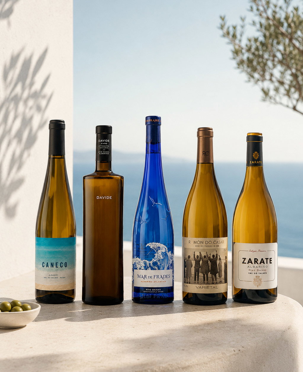 Five white wine bottles (Caneco, Davide, Mar de Frades, R. Món do Casar, Zarate) on a sunlit seaside terrace with a bowl of olives