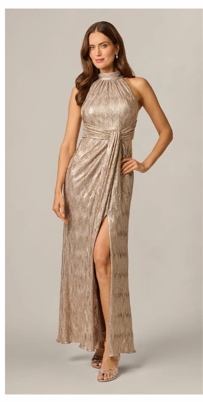 Crinkle Metallic Draped Stretch Halter Gown In Rosegold