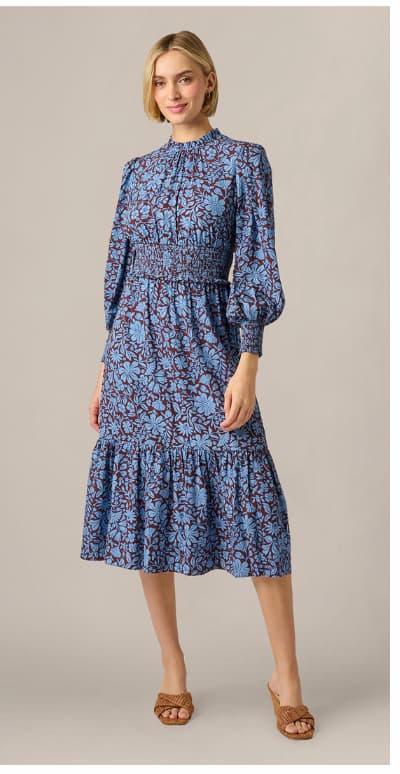 Long Sleeve Floral Print Mia Midi Dress In Brown Blue