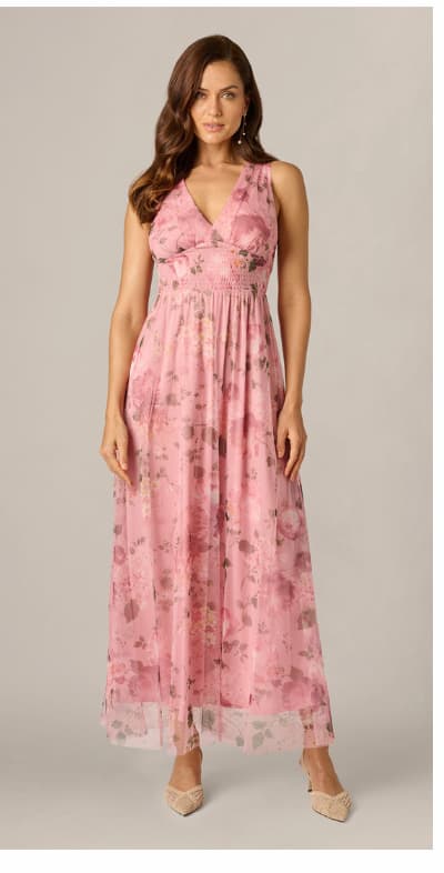 Floral Print Mesh Smocked Maxi Dress In Blush Multi