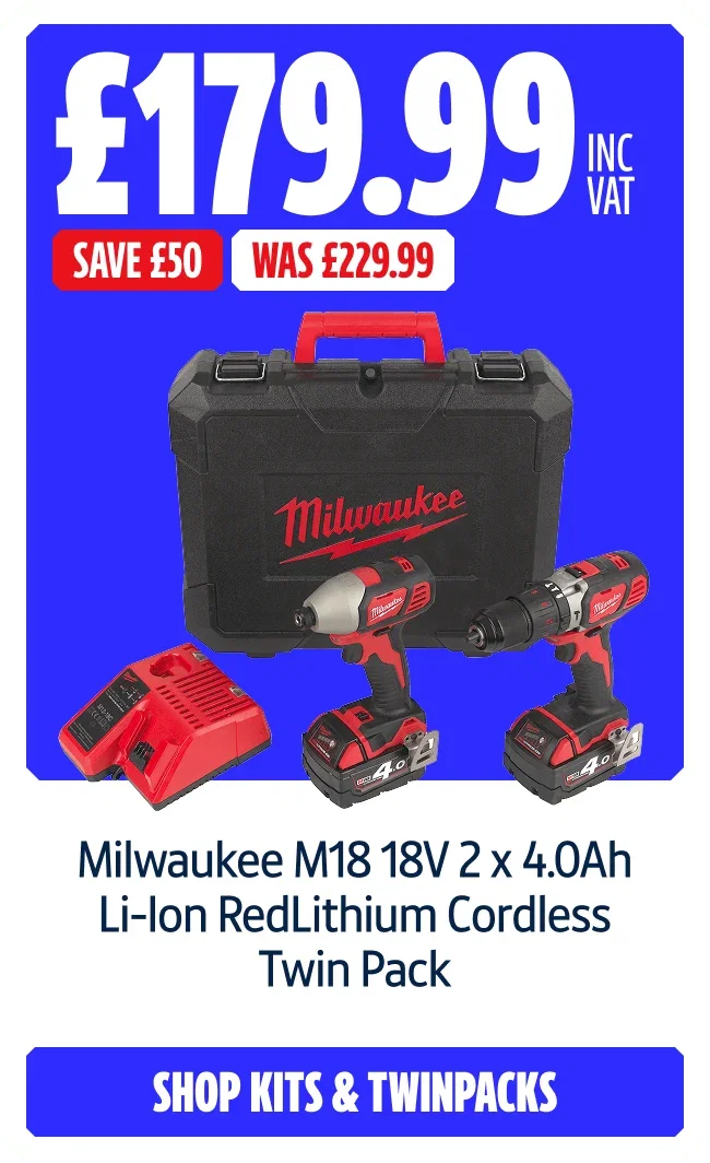 Save £50 on this Milwaukee M18 18V 2 x 4.0Ah Li-Ion RedLithium Cordless Twin Pack. Now £179.99 Inc VAT Was £229.99. Shop kits and twin packs