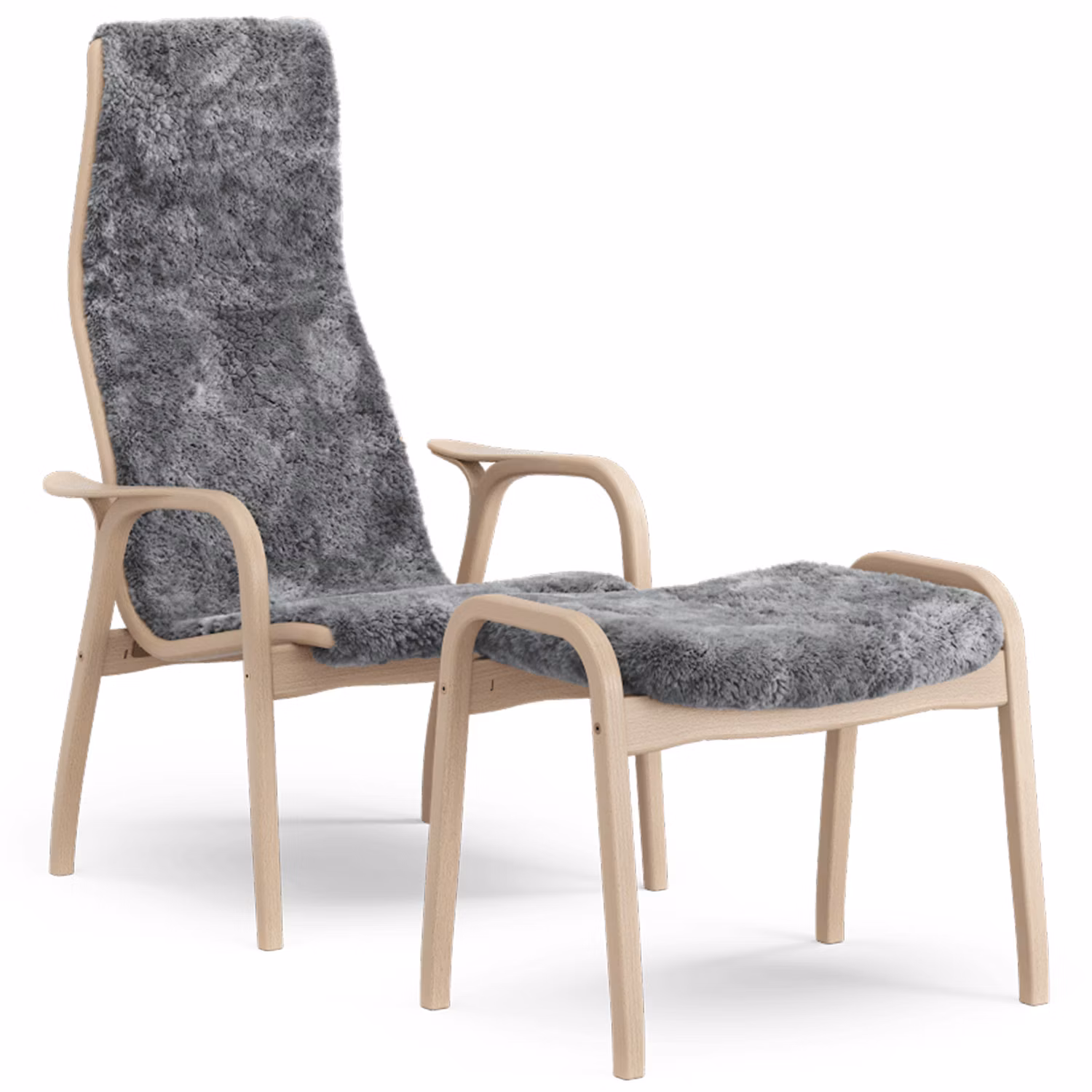 Lamino Sessel mit Fußhocker Schaffell, Scandinavian Grey / Lackiertes Buchenholz
