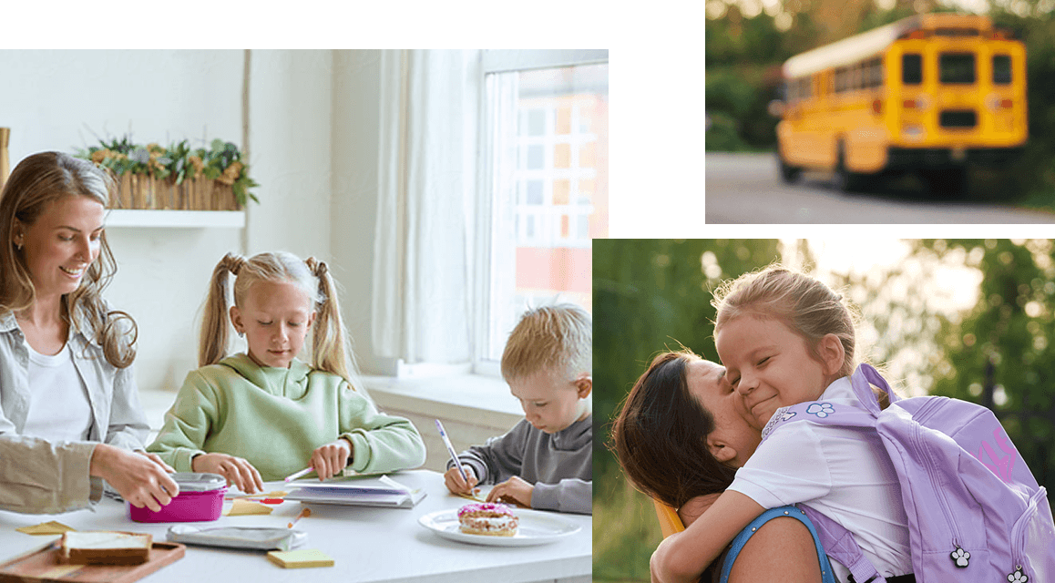 Wellness that works with real life | Mom with kids at the kitchen table | Mom hugging child with a backpack on | School bus