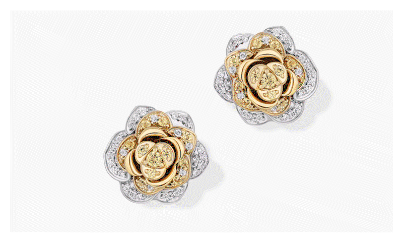 GIF featuring various fashion jewellery including floral stud earrings, orange sun gemstone pendant necklace and white gold bangle bracelet.