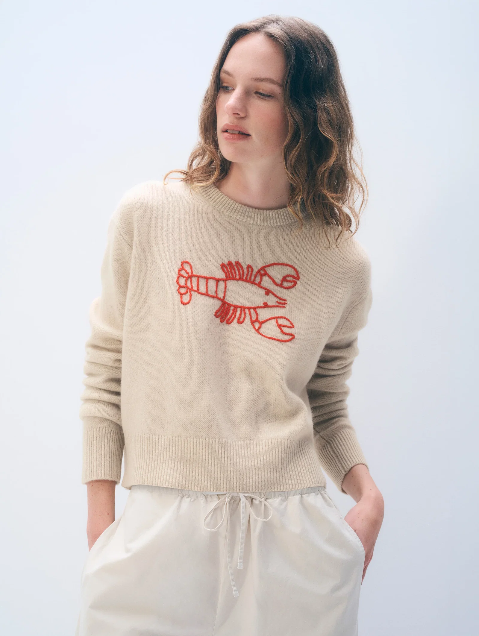 Image of Cashmere Embroidered Lobster Crewneck | Natural Heather/Red