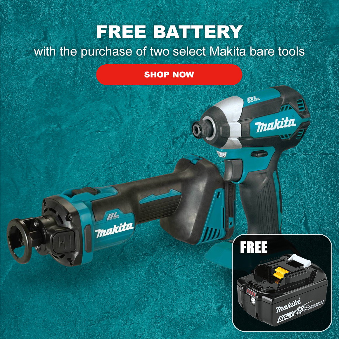 FREE BATTERY | with the purchase of two select Makita bare tools | Shop Now