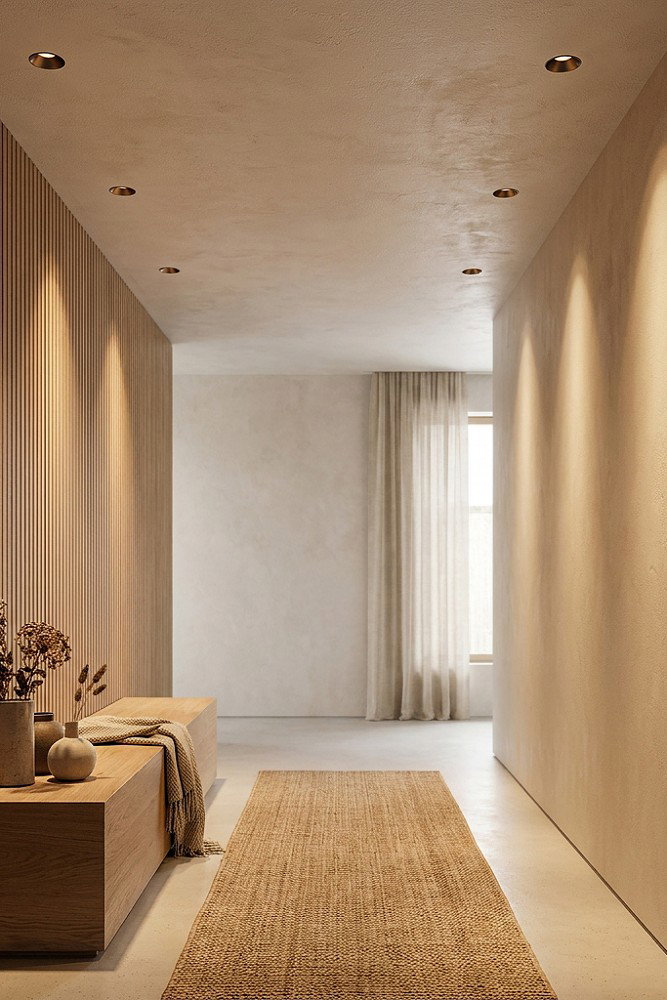 Hallway with built-in Junaro Bronzo trimless recessed spotlights and discount amount