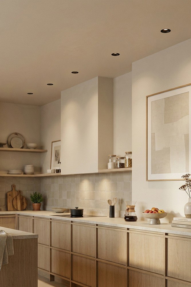 A kitchen featuring the Junaro Nero trimless recessed spotlight fitted into the ceiling