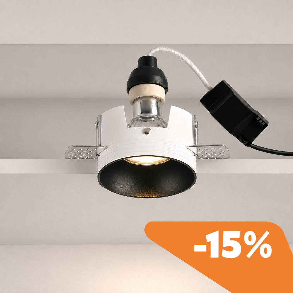 Junaro Nero, trimless in the ceiling, with visible overall configuration and discount percentage