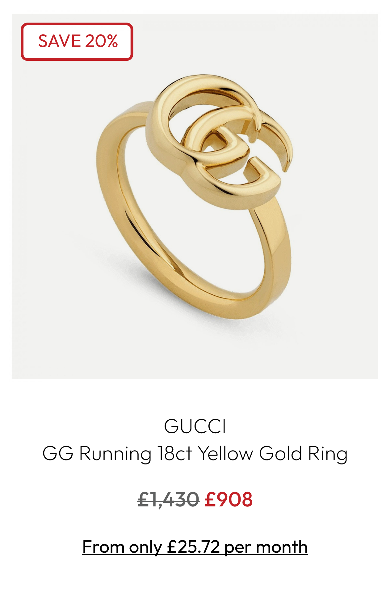 Gucci GG Running 18ct Yellow Gold Ring YBC525690001