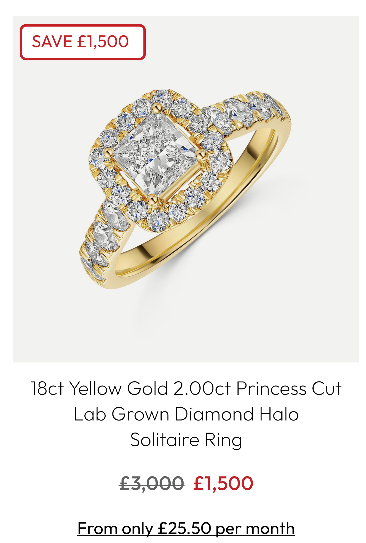 18ct Yellow Gold 2.00ct Princess Cut Lab Grown Diamond Halo Solitaire Ring
