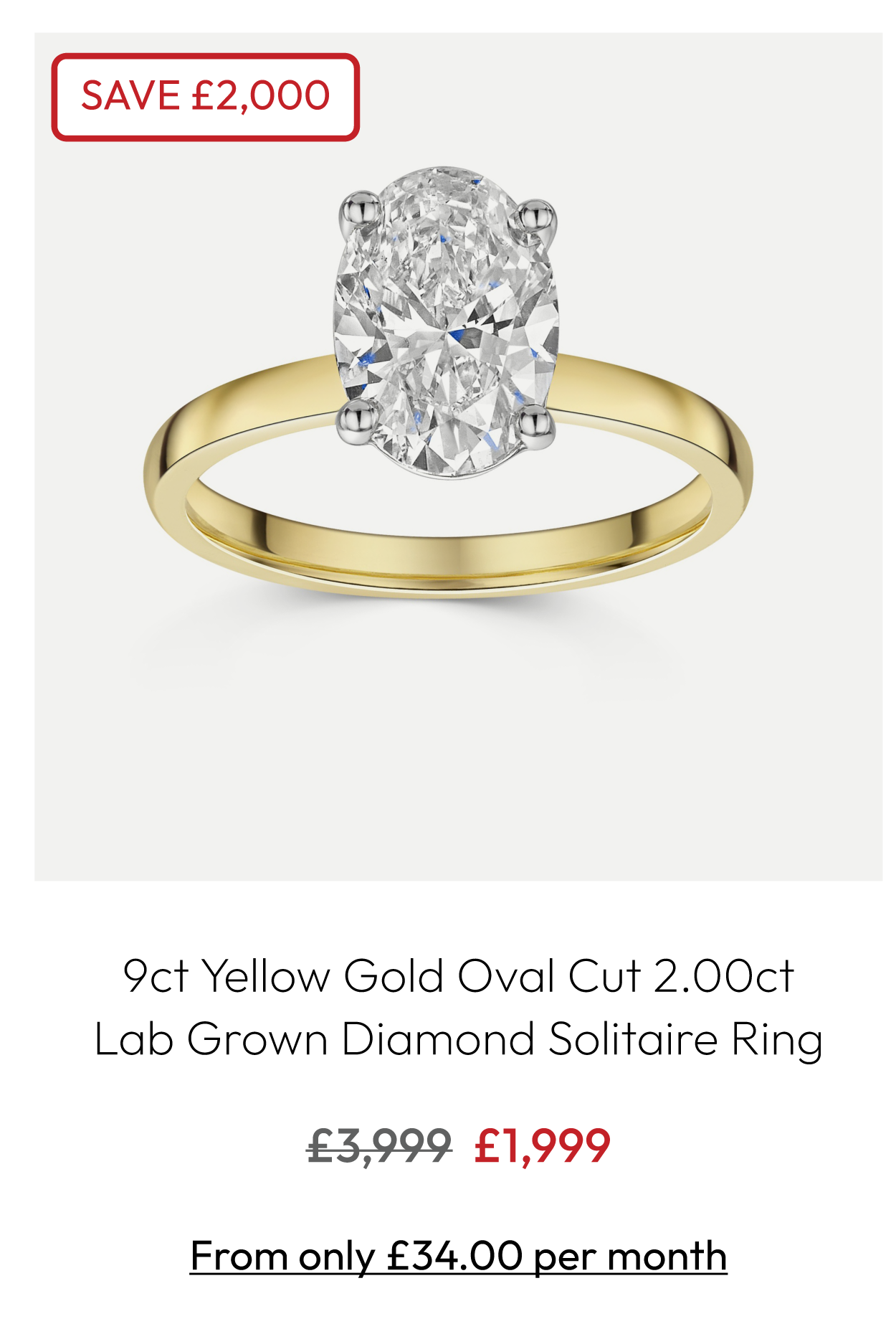 9ct Yellow Gold Oval Cut 2.00ct Lab Grown Diamond 4 Claw Solitaire Ring