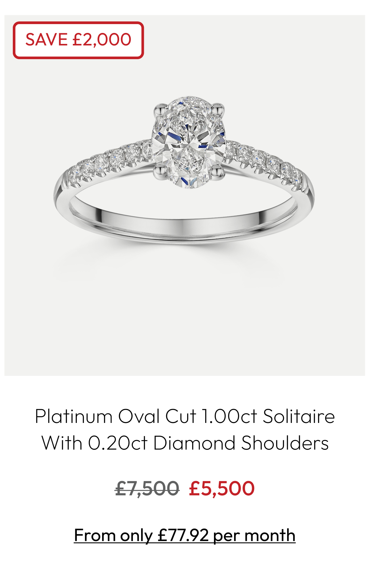 Platinum Oval Cut 1.00ct Solitaire Ring With 0.20ct Claw Set Diamond Shoulders