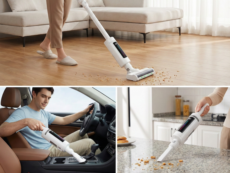 2-in-1 vacuum design used on floors, cars, and counters