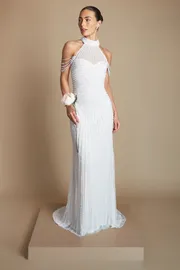 Pearl Embellished Drape Sleeve Wedding Dress