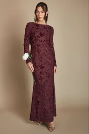 Devore Mesh Cowl Back Bridesmaid Maxi Dress