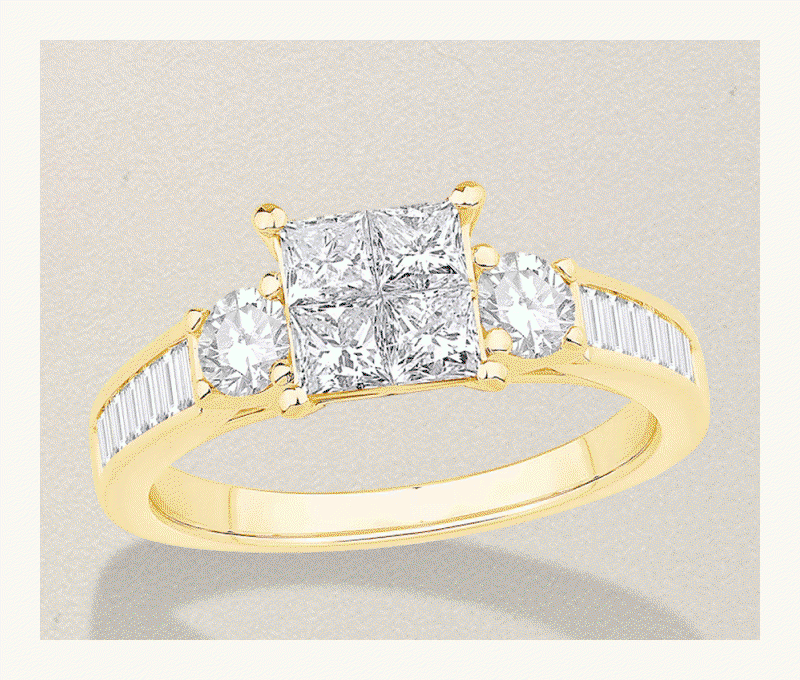 Rotating images of different metal eternity bands & diverse shaped diamond rings, flanked by diamonds.