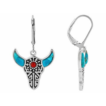 Composite Turquoise With Red Sponge Coral Sterling Silver Bull Dangle Earrings