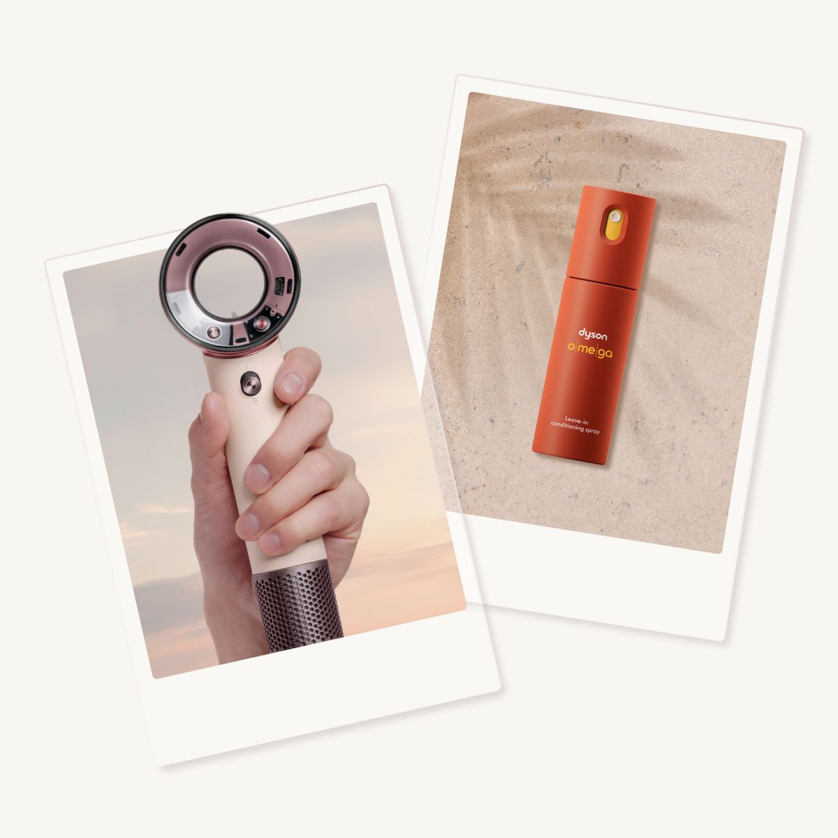 Dyson Supersonic Travel hair dryer and Omega leave-in conditioning spray.