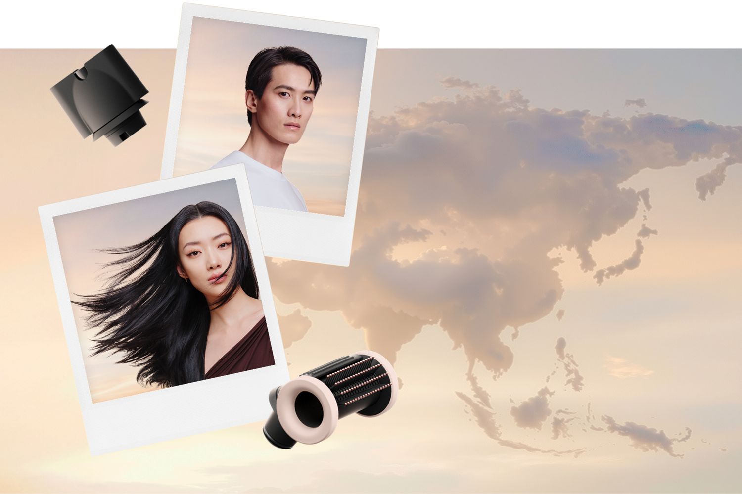 Polaroids of models next to Dyson Supersonic attachments and clouds representing a world map.
