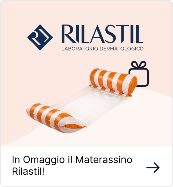 Rilastil logo with orange-and-white striped inflatable pool mattress and gift icon advertising a free Rilastil mattress