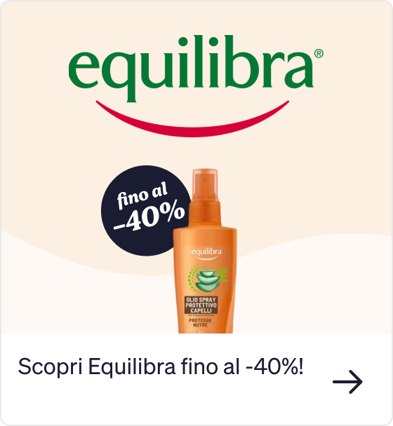 Equilibra logo above an orange protective hair spray bottle with a 'fino al -40%' discount badge (up to 40% off)