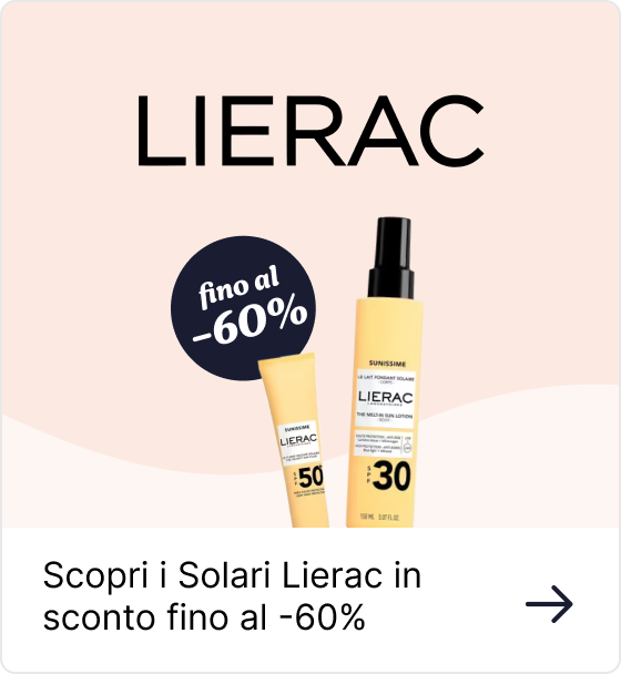 LIERAC sun care bottles (SPF 30 and SPF 50) with sale badge stating up to -60% off on a pale background