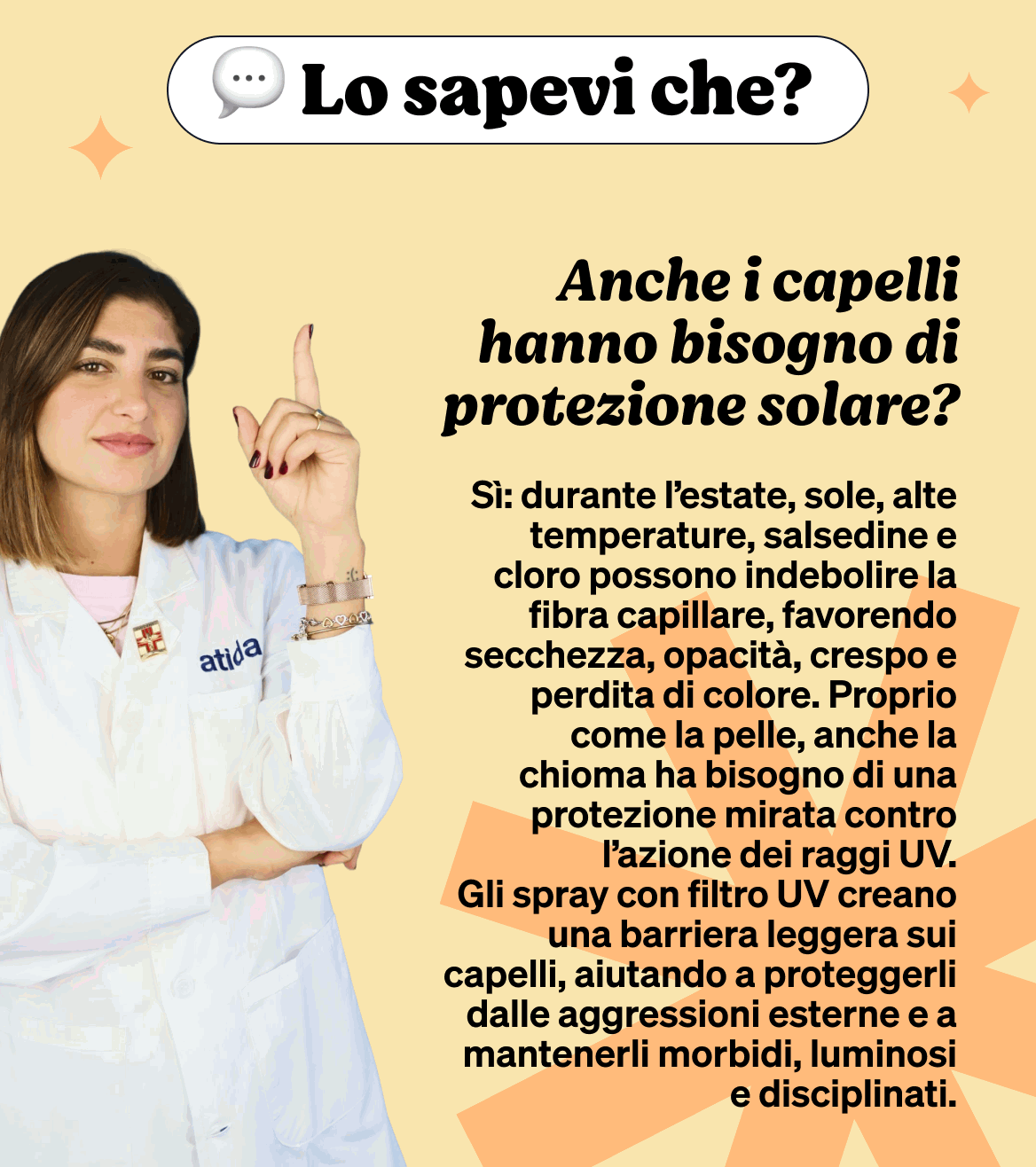 Young woman in white coat pointing at an Italian infographic about hair sun protection and benefits of UV spray