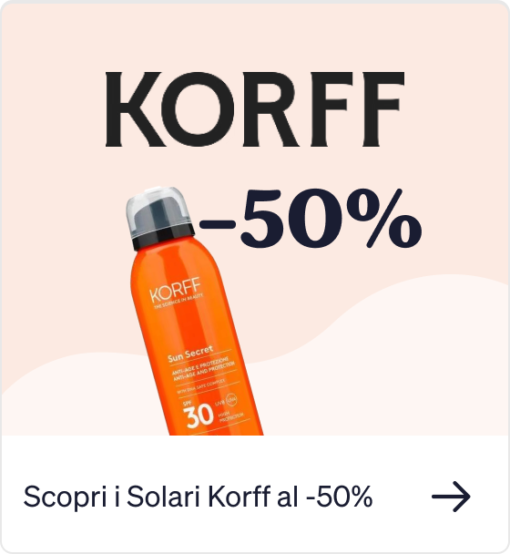 Korff Sun Secret SPF 30 orange sunscreen spray bottle with prominent “-50%” sale text on a pale background