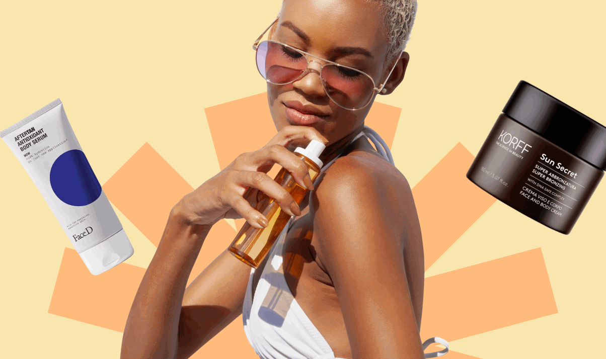 Woman in sunglasses applying spray sunscreen amid floating skincare jars and tubes on a yellow sunburst background