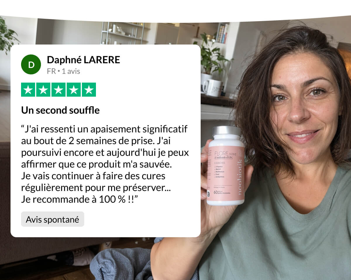D Daphné LARERE FR 1 avis Un second souffle “J'ai ressenti un apaisement significatif au bout de 2 semaines de prise. J'ai poursuivi encore et aujourd'hui je peux affirmer que ce produit m'a sauvée.  Je vais continuer à faire des cures régulièrement pour me préserver...  Je recommande à 100 % !!” Avis spontané