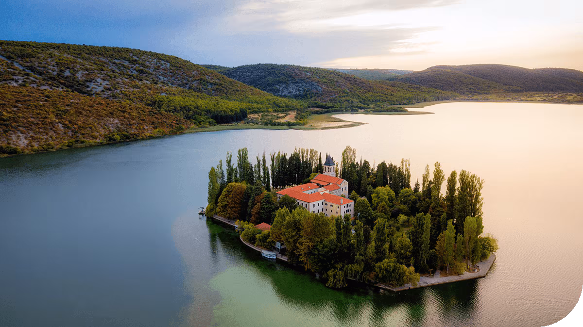 A lake house nestled on an island in Krka National Park, Croatia