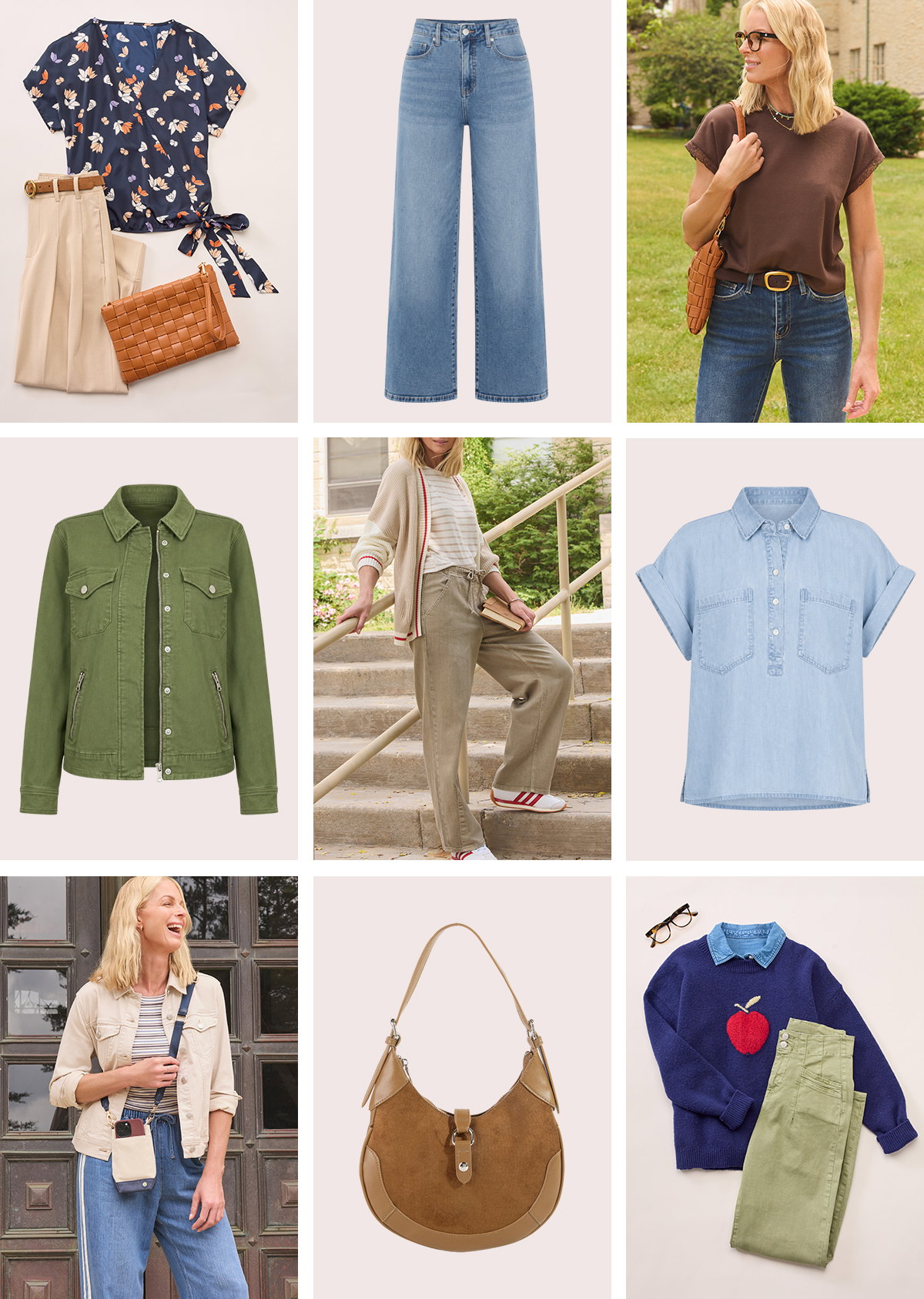 Back to school outfits featuring denim layers casual tops jackets handbags and an apple sweater.