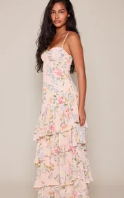 Floral Print Chiffon Frill Hem Maxi Dress