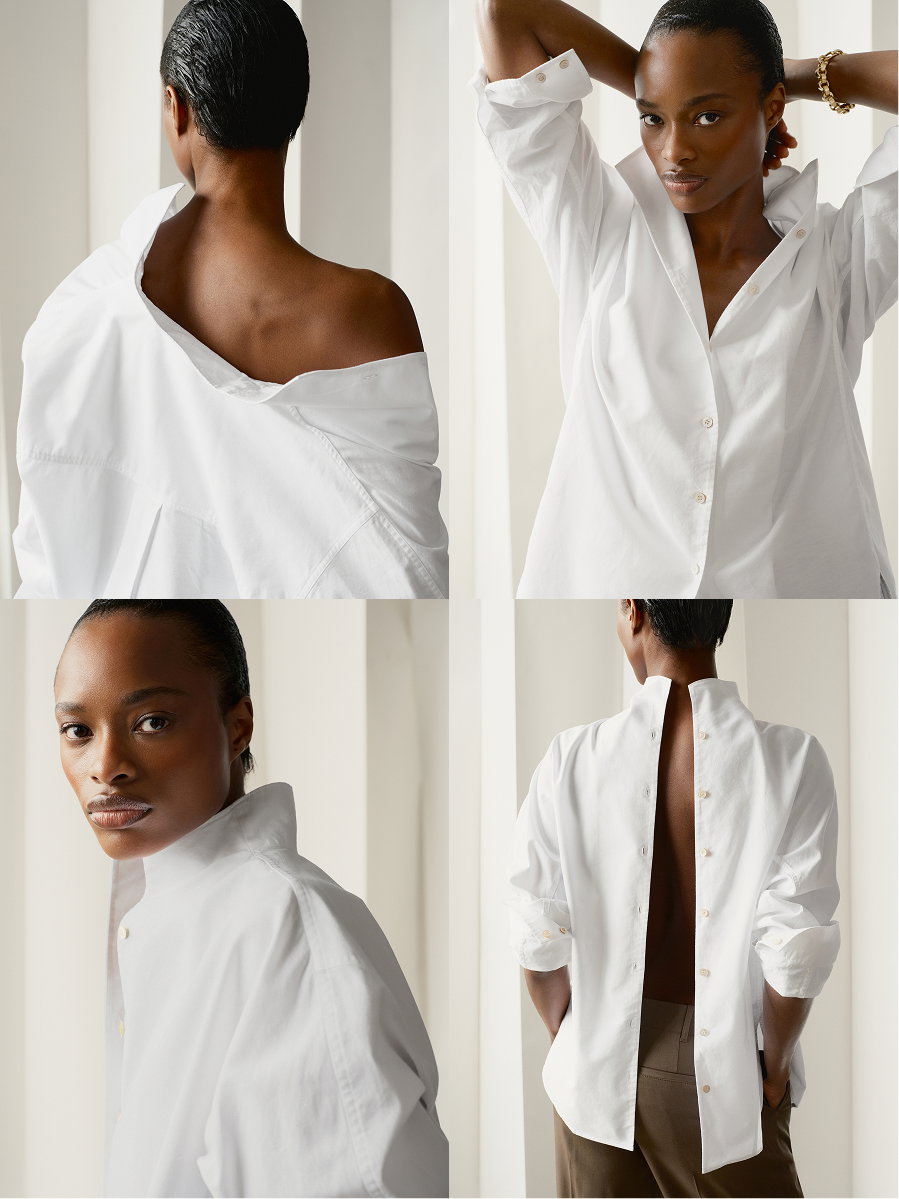 Shown in White. An elegant, face-framing stand collar shirt.