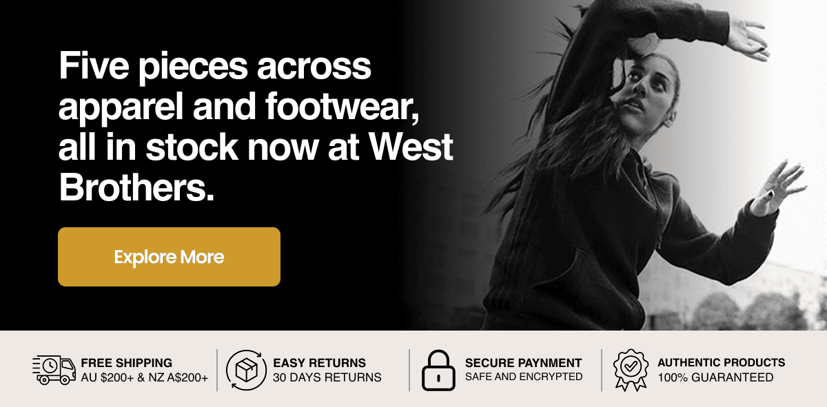 Five Pieces Across apparel and footwear, all in stock now at West Brothers.