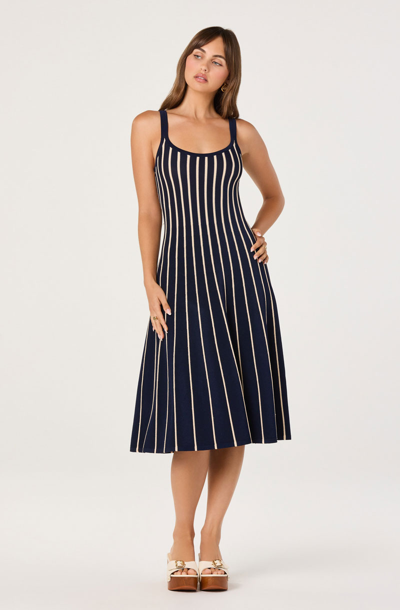 Woman Wearing Striped Knit Midi Dress