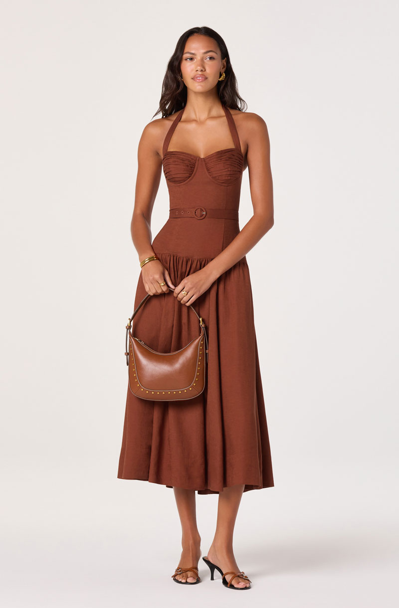 Woman Wearing Belted Halter Midi Dress