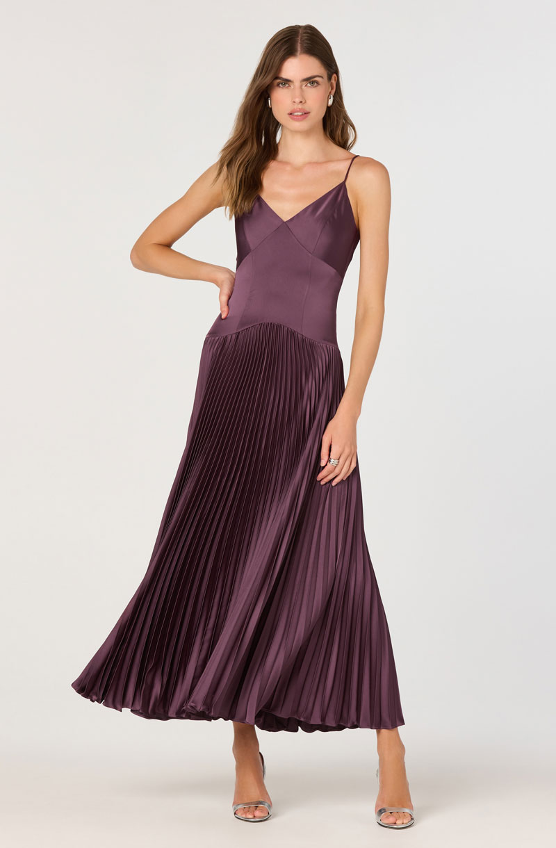 Woman Wearing Pleated Drop Waist Maxi Dress