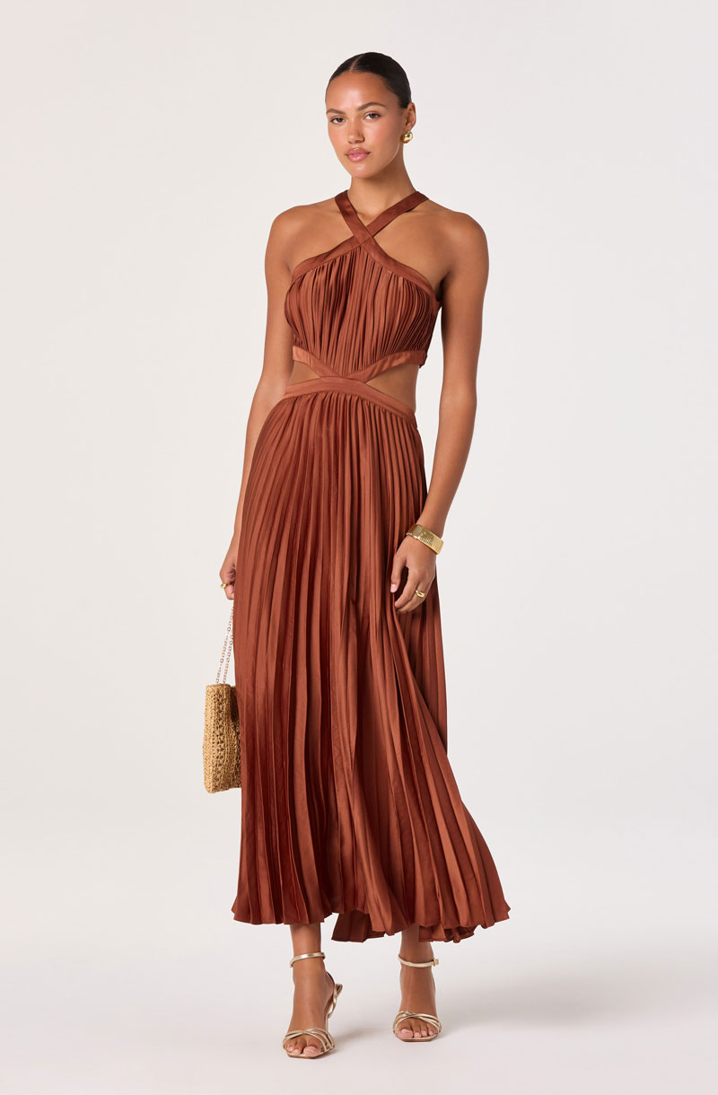 Woman Wearing Cutout High-Neck Satin Maxi Dress
