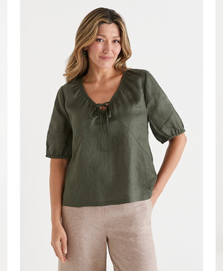 Linen Tie Front Short Sleeve Top