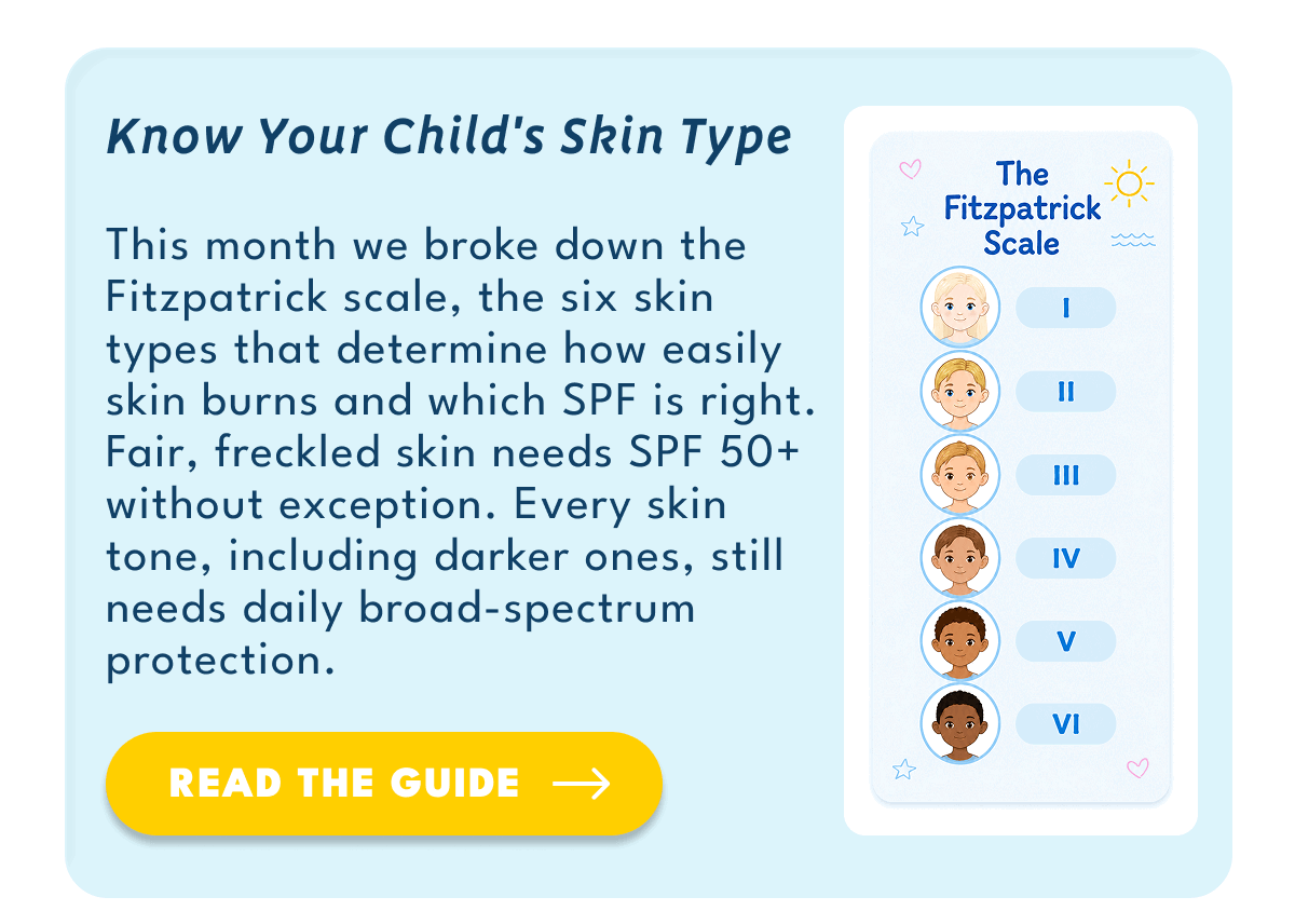 Know Your Child's Skin Type | This month we broke down the Fitzpatrick scale, the six skin types that determine how easily skin burns and which SPF is right. Fair, freckled skin needs SPF 50+ without exception. Every skin tone, including darker ones, still needs daily broad-spectrum protection.