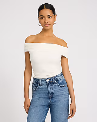 Ribbed Knit Off The Shoulder Twist Tee