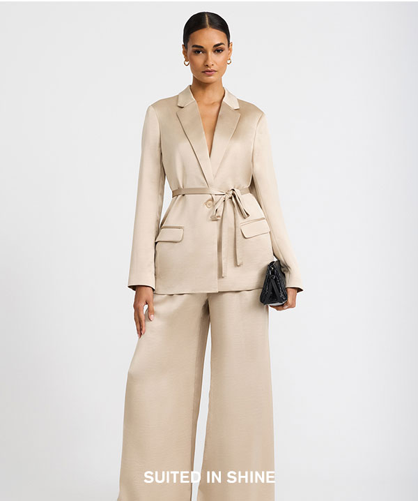 Shop Women's Satin One Button Tie Waist Blazer + Satin High Waisted Ultra Wide Leg Pant