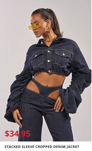 STACKED SLEEVE CROPPED DENIM JACKET